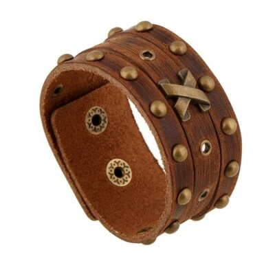 Pulsera/pulsera de cuero genuino ancha remache punk X vintage para hombre/mujer Foto 1 de 3