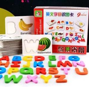  Kid's Wooden Toy Puzzles 26 ABC English Letters Spelling Card Vegetable & Fruit - Picture 1 of 9