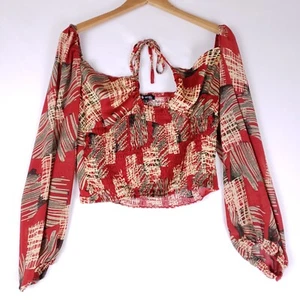 Michel Design crop top scollato spalle scoperte donna L rosso boho Y2K manica a palloncino - Foto 1 di 8