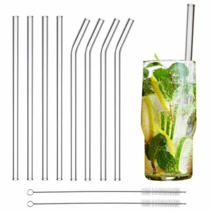 8 x GLASS STRAWS & CLEANING BRUSH Long Reusable Party Tableware Straight/Bent UK - Picture 1 of 6