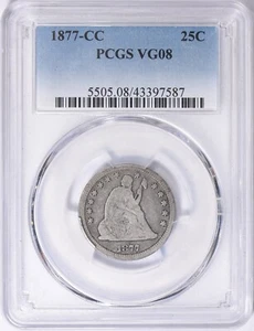1877 - CARSON CITY SEATED LIBERTY QUARTER - PCGS VG 8 - RARE - Picture 1 of 2