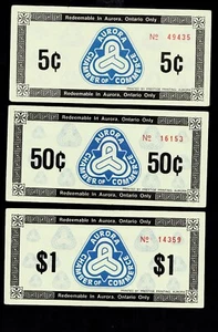 3 Trade notes issued in Aurora Ontario, 5,50,$1.00, A.U. condition - Picture 1 of 2