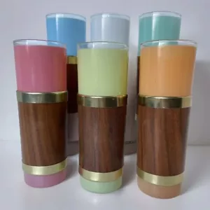 VTG MCM Tiki Barware Pool Glasses Wood BrassHiball Glass Set 6 Frosted Colors - Picture 1 of 10