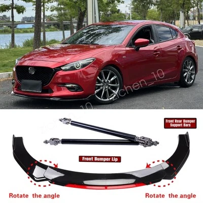 For Mazda 3 2005-2020 Gloss Black Front Bumper Lip Splitter Red Chin +Strut Rods Foto 1 de 4