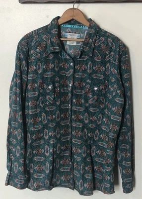 Panhandle Rough Stock Womens XXL Long Sleeve Pearl Snap Green Aztec 100% Cotton - Image 1 of 4