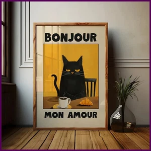 Poster arte colazione gatto nero senza cornice 1 pz stile retrò Bonjour pittura su tela - Foto 1 di 24