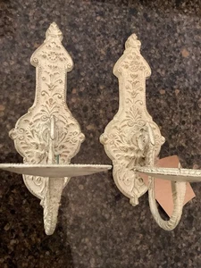 PAIR 9” Vintage Look  WALL SCONCES CANDLE CREAM CAST METAL SHABBY CHIC Ornate - Picture 1 of 4