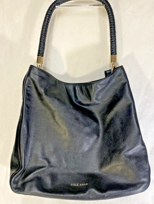 Cole Haan Bucket Hobo Bag Black Pebbled Leather Purse w/ Braided Handle - Rare - Image 1 of 4