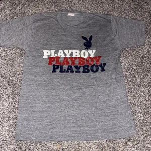 RARE Vintage Playboy T-Shirt MEDIUM Gray Single Stitch Made USA RED WHITE BLUE - Picture 1 of 15