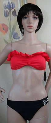 全新带标签 GUESS 黑色带串珠侧泳裤和抹胸流行红色荷叶边文胸,S — 第 1/4 张图片