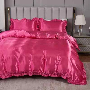 3PCS Satin Duvet Cover Set Silk Rose Red and Pink Bedding Comforter Cover Silky - Picture 1 of 27