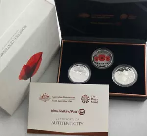 2018 Armistice Centenary - Australia, NZ, GB - 3 Coin Silver Proof Set - Foto 1 di 9