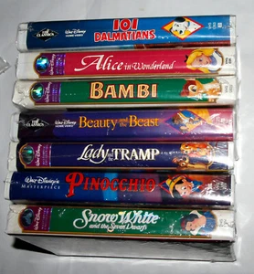 DISNEY SEALED VHS TAPE LOT DALMATIONS BAMBI BEAUTY BEAST SNOW WHITE PINOCCHIO - Picture 1 of 6