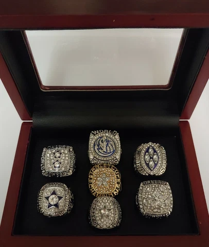 Dallas - Championship 7 Ring Set With Wooden Box. Cowboys Mavericks Stars Aikman Cover