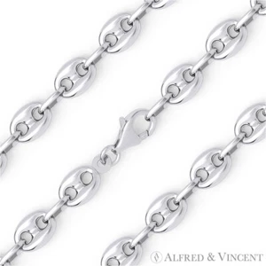 925 Sterling Silver Rhodium 8mm Hollow Puffed Marina Mariner Link Chain Bracelet - Picture 1 of 2