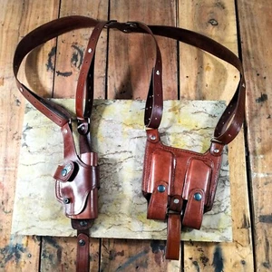 Leather Vertical Roto Shoulder Holster with Double Magazines For Beretta Models - Picture 1 of 5