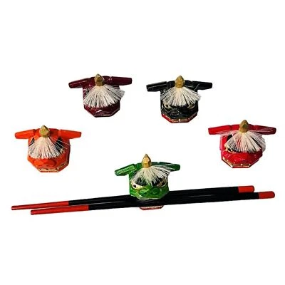 日本狮子舞木制筷子架罕见复古 5 件套 — 第 1/4 张图片