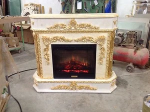 ELEKTRISCHER KAMIN MIT HEIZOFEN ELFENBEIN GOLD HOLZ FLAMME OPTISCHE WIRKUNG - Bild 1 von 1