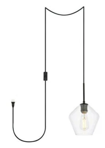 Chandelier Black Pendant Light Swag with Plug in Cord On-Off Switch Glass Shade - Picture 1 of 6