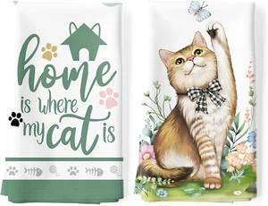 2Pcs Cute Cat Kitchen Tea Towels 100% Cotton Spring Hand Towels Multiple Uses Qu - Picture 1 of 12