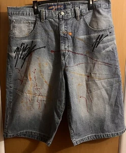 Pantalones Cortos de Jean Vintage Y2K Miskeen Sueltos Hip Hop Pintura Salpicaduras Para Hombres 42 Bordados - Imagen 1 de 12