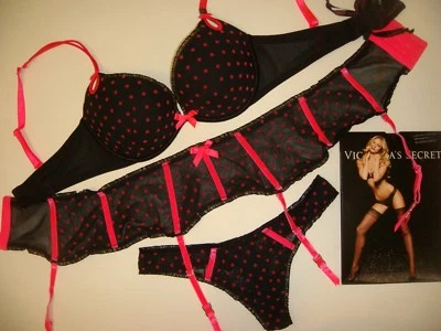 Victoria's Secret 34D BRA SET+GARTER+thong velvet black PINK POLKA DOT GORGEOUS - Image 1 of 4