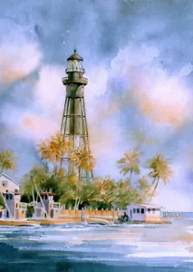Hillsboro Inlet Leuchtturm Florida. Skelettturm. James Mann Aquarelldrucke - Bild 1 von 2