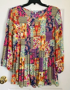 TOP DONNA FLOREALE ED EDERA PATCHWORK GIROCOLLO BOHO SMOCKING & FLARE BOHEMIEN 183 - Foto 1 di 8