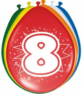 8 X NUMBER 8 LATEX BALLOONS AGE 9TH BIRTHDAY - ASSORTED COLOURS 30CM (12") - Picture 1 of 1