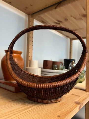 Vintage Mid Century Woven Basket | Fruit Basket, Boho Decor, Wicker, Crescent Cover
