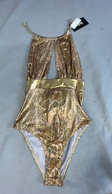 Forplay Sexy Metallic Bodysuit Pull on Gold XS/S NWT Bow tie Fantasy Pleasure OF - Image 1 of 4