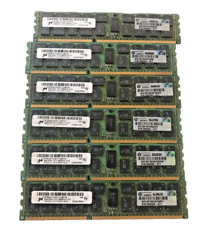 Lot of 6 Micron 2RX4 PC3L-10600R MT36JSF1G72PZ-1G4M1HE Server Memory - Image 1 of 1