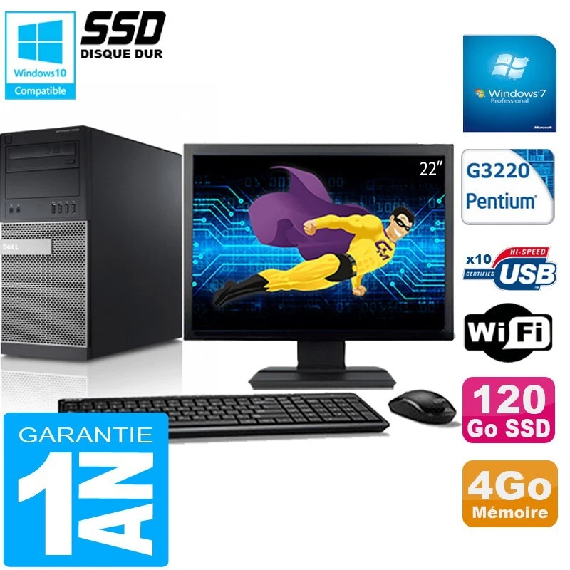 PC tour DELL 9020 Intel G3220 RAM 4Go Disco 120 Go SSD Wifi W7 Pantalla 22" - Imagen 1 de 1