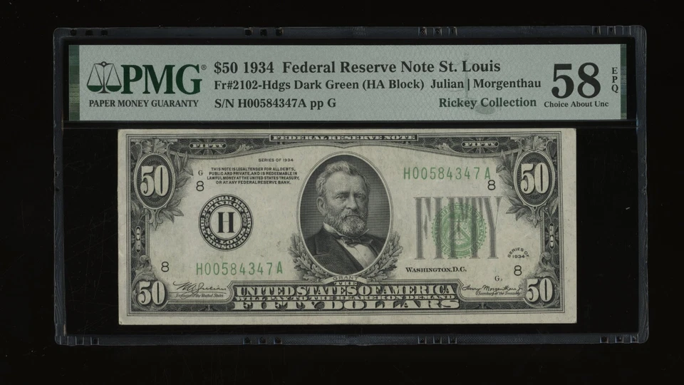 DBR 1934 $50 DGS FRN St. Louis Fr. 2102-Hdgs PMG 58 EPQ Serial H00584347A - Image 1 of 2