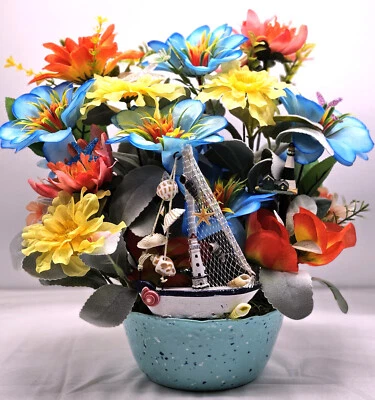 Nautical Delight: Sailboat, Lighthouses, and Sea Life Floral in Decor' Teal Bowl — 第 1/4 张图片