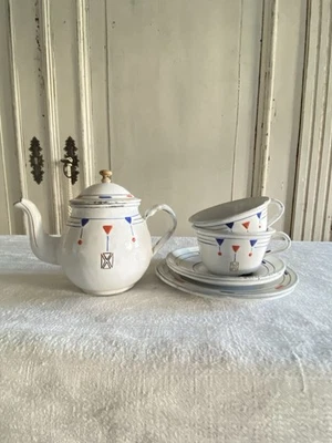 ANTIKES ALTES KINDER PUPPENGESCHIRR PUPPENSTUBE EMAILLE JUGENDSTIL SHABBY  - Bild 1 von 4