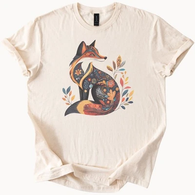 Colorido Zorro Gráfico Camiseta Bosque Naturaleza Camisa Arte Floral Animal Camiseta Foto 1 de 4