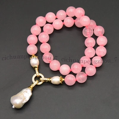 Collar colgante de perlas barrocas Keshi blancas con cuentas gemas de cuarzo rosa rosa natural Foto 1 de 4