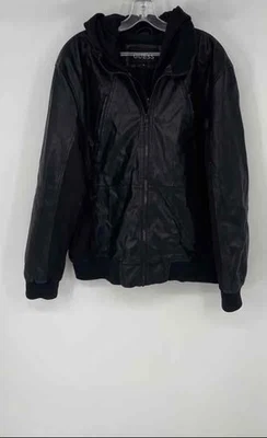 Guess Mens Black Leather Long Sleeve Full-Zip Hooded Bomber Jacket Size XL - Image 1 of 4