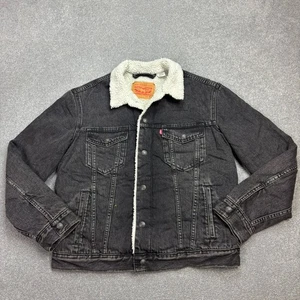 Levis Denim Jacket Adult Medium Grey Sherpa Lined Red Tab Trucker Fleece Men* - Picture 1 of 10