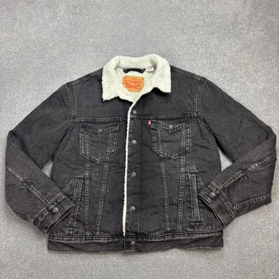 Levis Denim Jacket Adult Medium Grey Sherpa Lined Red Tab Trucker Fleece Men* - Image 1 of 4