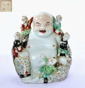 1930's Chinese 朱茂盛 Famille Rose Porcelain Happy Buddha Bodi Boy Figure Mk 7.7" - Picture 1 of 16