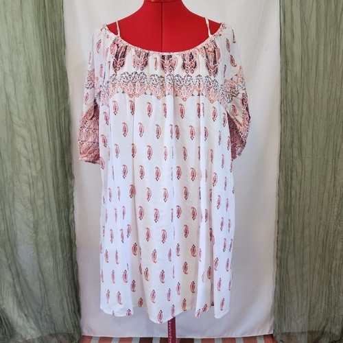 VETEMENTS Abito boho tunica Lovoosh bianco rosso spalle scoperte taglia L