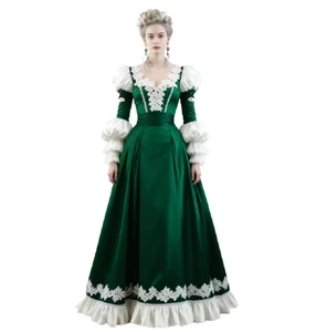 Retro Green Medieval Costume Wedding Dress With Lace Glam Long Sleeve Satin - Picture 1 of 9