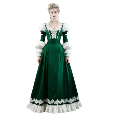 Retro Verde Medieval Disfraz Vestido de Boda con Encaje Glamour Manga Larga Satén Foto 1 de 4