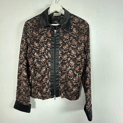 Joseph Ribkoff Womens Sequin Lace Jacket Size 6 Black Gold Zip Front Lightweight - Image 1 of 4