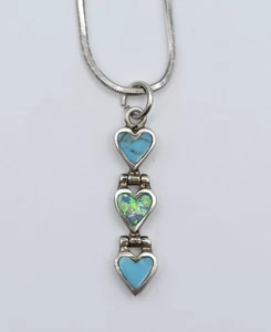 Vintage Sterling Silver Turquoise Opal Triple Heart Pendant Necklace Native Blue - Picture 1 of 8