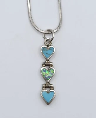 Vintage Sterling Silver Turquoise Opal Triple Heart Pendant Necklace Native Blue - Image 1 of 4