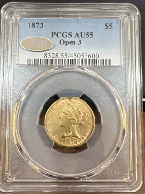 1873 Open 3 $5 Liberty Head Gold Coin PCGS AU 55 – Rare Collectible - Image 1 of 2