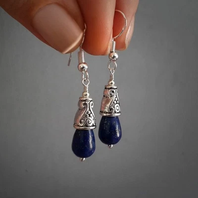 Lapis Lazuli Drop Teardrop Earrings Tibetan Silver & 925 Sterling Silver hooks  - Image 1 of 4